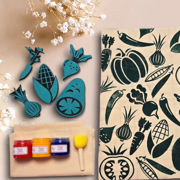 Kit 5 Sellos 12 cm Vegetales +3 Pinturas* +Esponja +Tela +Manual de Instrucciones