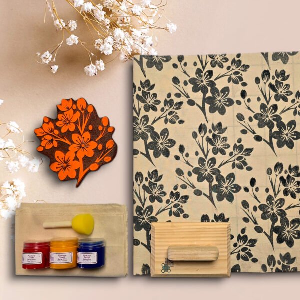 Kit 1 Sello 20 cm Flor de Cerezo +3 Pinturas* +Esponja +Tela +Barén +Manual de Instrucciones